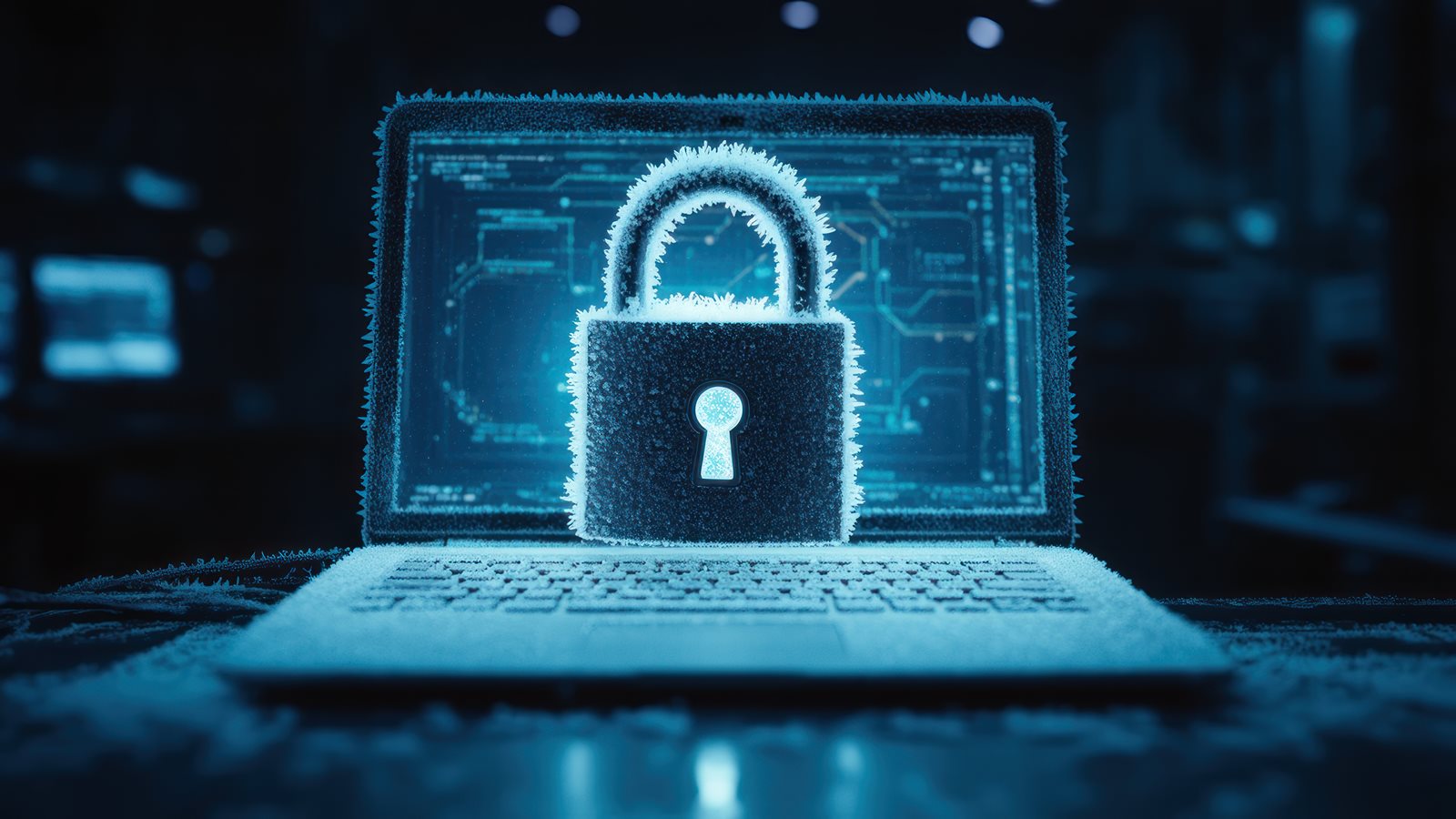 Image of a frozen computer with a lock
