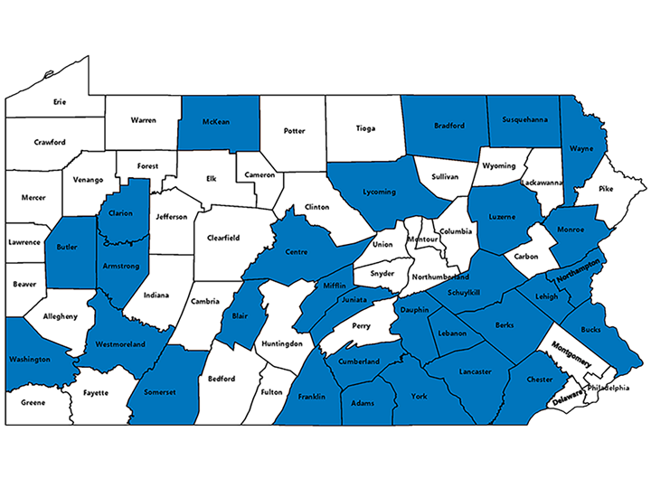 34 Counties Participate in the Technology CORE Program Map of PA counties that participate in the CORE program